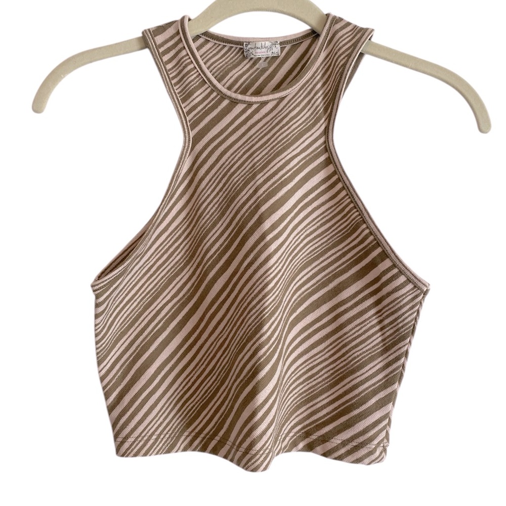 Intimately Free FP Cut In Cropped Tank. Diagonal Stripe Pink & Brown. Sz. S